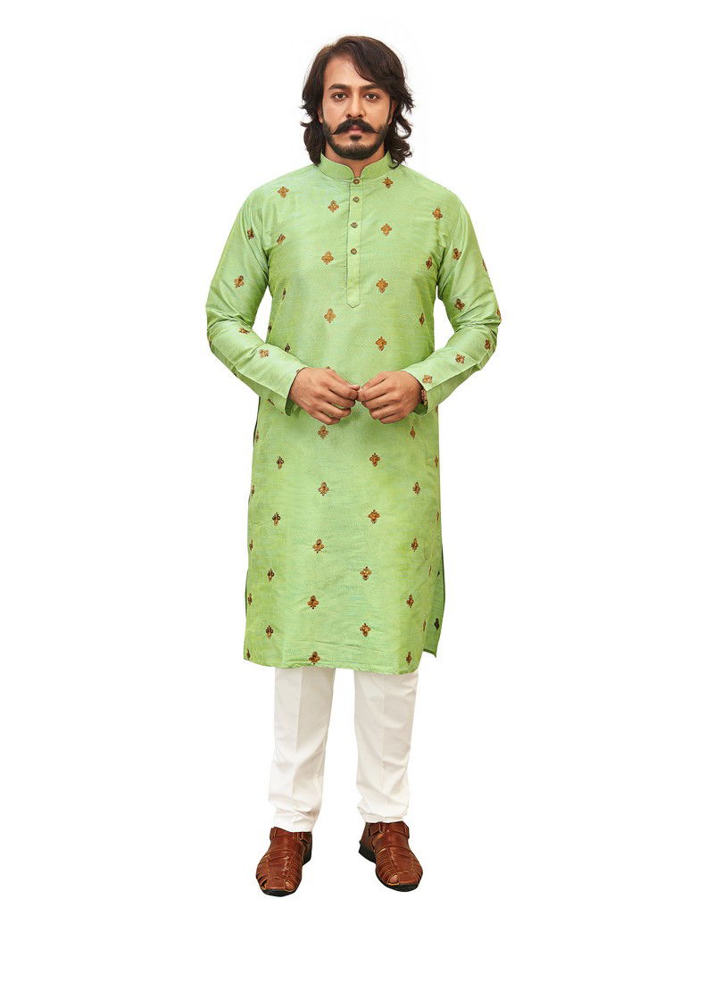 Light Perrot Green Art Silk Butti Festive Wear Embroidery Work Kurta Pajama 1002